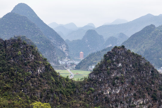 Wanfenglin Karst Mountains with Red Pagoda, Xingyi, Guizhou, China