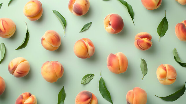 Elevated view of fresh peaches on soft green surface