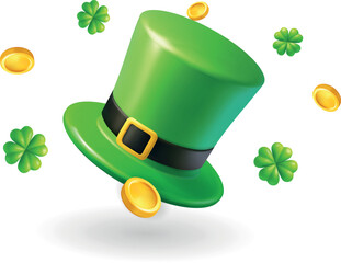 3D cartoon leprechaun green hat with gold coins and shamrocks floating in air. Saint Patricks Day festive illustration