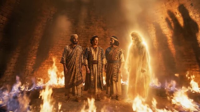 The Fiery Furnace Bible Story: Shadrach, Meshach, and Abednego Protected by Angel in Babylon (Daniel 3).