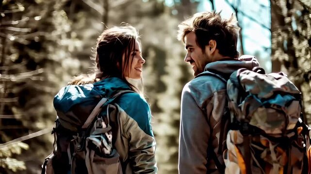 Explore adventure journey achievement outdoor in National Park. A man and woman standing side by side in a forest, both wearing backpacks. The woman wears a blue jacket.