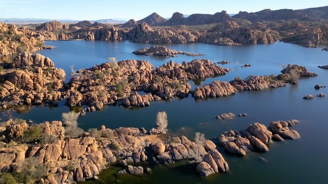 Drone View of Watson Lake Surrounded by Granite Dells, Prescott, Arizona