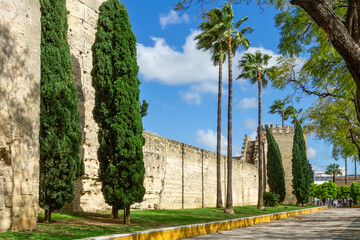 Fototapeta premium Monumental Almohad Defensive Walls and Towers of the Alcazar in Jerez de la Frontera Andalusia Spain with Palm and Cypress Trees