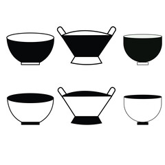 Set of ceramic bowls and cups isolated on a white background featuring empty porcelain dishware icons for kitchen 
