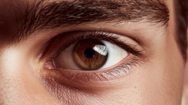An intimate, detailed portrait of a brown human iris in extreme close-up. Serves as a concept for vision science, personality psychology, and human thought.