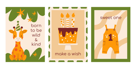 Fototapeta premium First birthday card collection with cute giraffe, festive cake with candles, baby overalls with number one. Modern retro flat vector minimalist illustration set for party, nursery decor, poster
