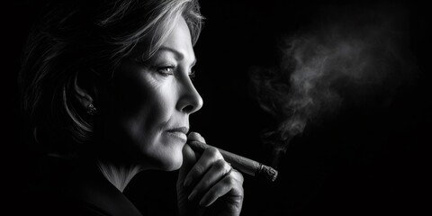 Obraz premium Mature woman smoking cigar contemplating in profile