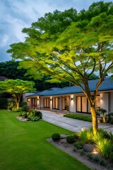 Fototapeta premium Modern residential house exterior with illuminated garden landscaping at dusk
