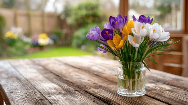 Colorful crocus flowers in vase on garden table
