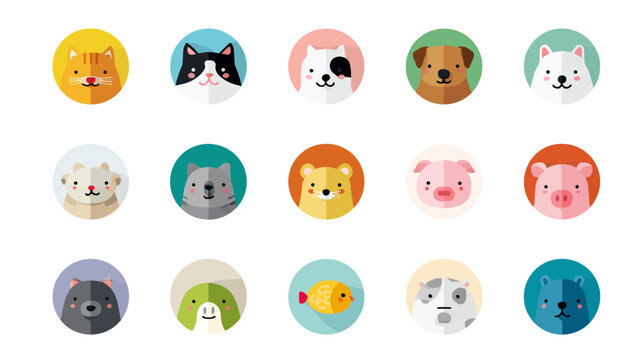 Cute flat design animal avatar icons set with pet faces and wildlife illustrations, vector graphic collection.