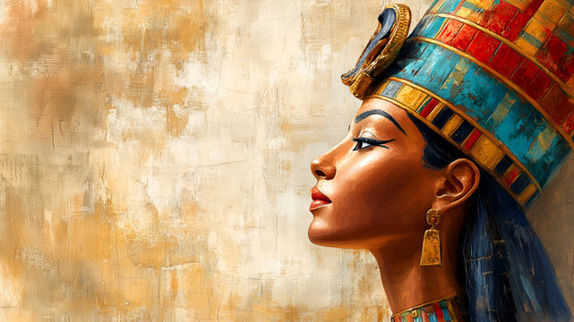 ncient egyptian queen portrait in profile with gold and turquoise headdress