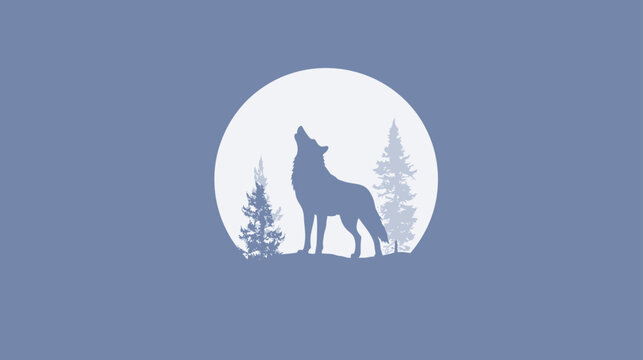 Stylized wolf howling at full moon in a forest at night. Minimalist vector illustration of wildlife, nature, and wilderness.