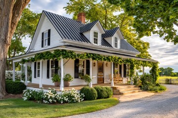 White farmhouse with large rustic porch and green climbing plants