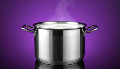 "Stainless steel pot of milk on purple background"
