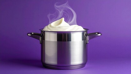 "Stainless steel pot of milk on purple background"