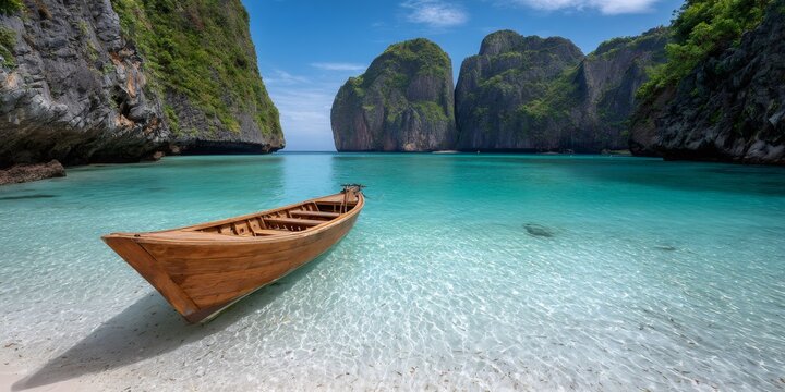 Longtail boat mooring on clear water at maya bay