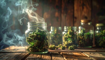 "Glass jars of cannabis buds with rising smoke on wooden surface"
