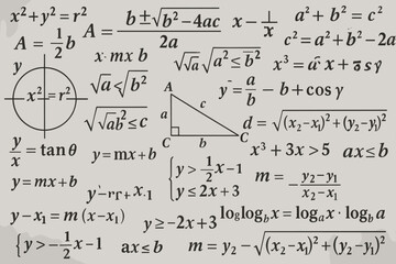 Black and white mathematics background with algebra equations, geometry formulas, graphs and inequalities in hand drawn sketch style on light backdrop.