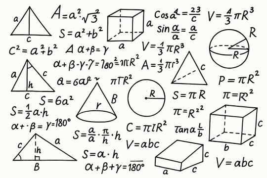 Geometry and mathematics formulas background with triangles, cubes, spheres and volume calculations. Educational STEM illustration for school, engineering and academic design projects.