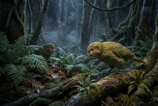 Two Kakapo parrots perched in a lush forest