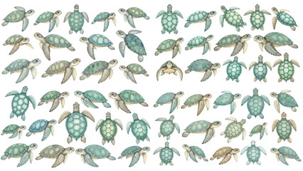 A charming watercolor collection of ocean wildlife, including sea turtles in various poses, soft coastal colors, and gentle marine details. © liana