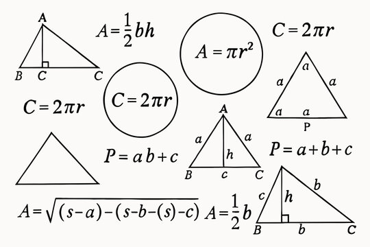 Hand drawn geometry illustration with triangle diagrams, circle formulas and perimeter equations in black outline style on light background