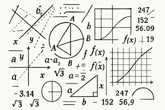 Hand drawn mathematics illustration with geometry diagrams, algebra formulas, function graphs and coordinate systems in black sketch style on light background.