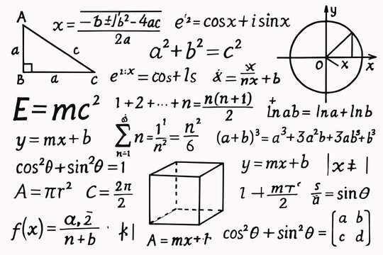 Mathematics illustration with algebra equations, geometry diagrams, trigonometry formulas and cube drawing. Educational STEM graphic for textbooks, classroom and academic design.