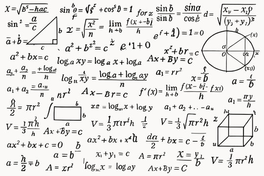 Mathematics background illustration filled with algebra formulas, geometry diagrams and calculus equations. Educational STEM graphic for textbooks, presentations and academic design.