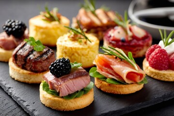 Assorted gourmet appetizers on slate platter for catering event