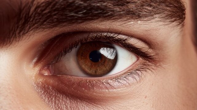 A macro shot focusing on the detailed texture and color of a man's brown iris. Represents concepts of sight, the mind, personality, and ophthalmological study.