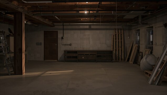 Empty Garage Space With Tools and Wooden Panels in a Basement During Daylight Hours