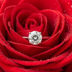 Elegant solitaire engagement ring surrounded by velvety red rose petals and morning dew, representing a deep romantic commitment.