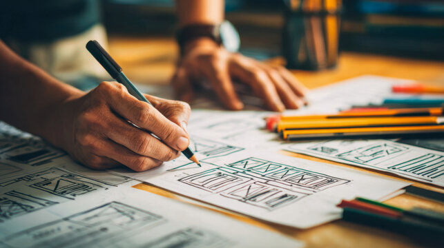 Designer?s hands creating detailed wireframe sketches and layouts for a user interface project with pencils and drawings spread across a wooden table in warm lightin