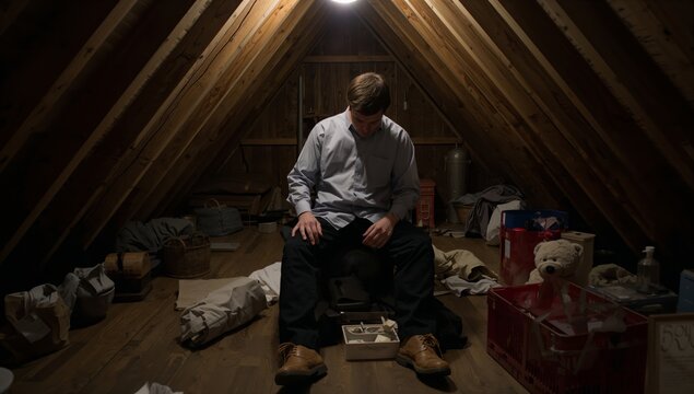 Young Man Sits Quietly in a Cluttered Attic Looking at a Small Box Under a Light Bulb