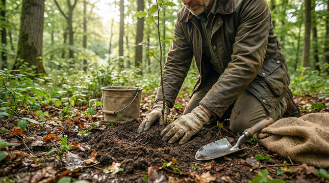 Operario forestal uniformado replantando un &aacute;rbol en programa oficial de reforestaci&oacute;n, imagen institucional sobre sostenibilidad, gesti&oacute;n ambiental y compromiso p&uacute;blico.