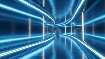 Obraz premium Futuristic glowing blue neon light tunnel interior design with curved metal walls leading toward a distant arched doorway illustration