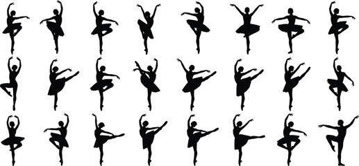 Elegant ballet dancer silhouettes collection showcasing classical poses, pirouettes, arabesques, and graceful movements in vector style for dance, performance, art, and design projects. © MdAzmol