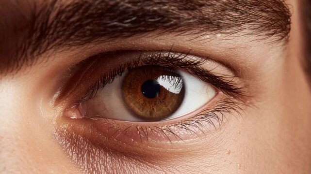 Extreme close-up of a male brown eye, capturing intricate details of the iris and pupil. A conceptual portrait about vision, psychology, and human personality.