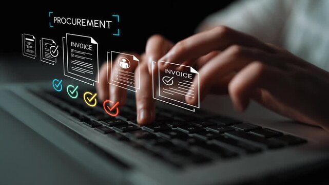 Digital procurement process with hands typing on keyboard, invoices displayed, and checkmarks symbolizing approval and documentation accuracy Gluon.
