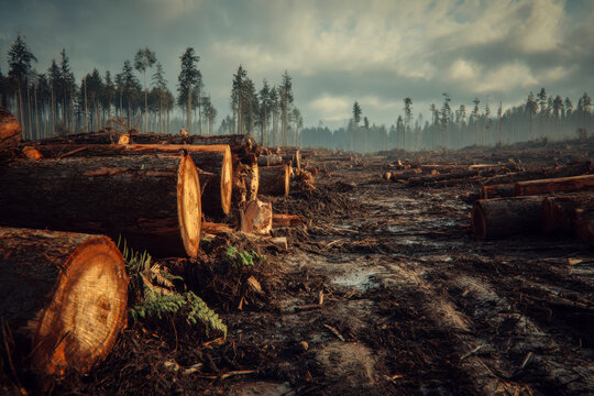 Deforestation impact with logged trees in a forest clearing