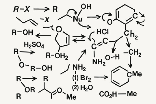 Hand drawn organic chemistry reaction schemes with molecular structures, arrows and formulas in black sketch style on light background, scientific illustration.