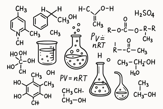 Black and white hand drawn chemistry illustration with laboratory flasks, beakers, molecular structures, chemical formulas and equations on light background.