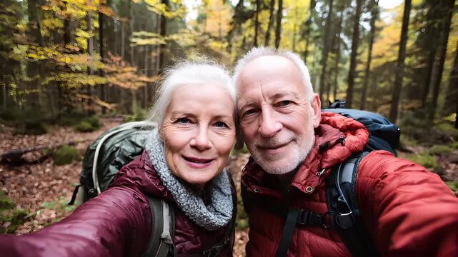 Explore adventure journey achievement outdoor in National Park. A man and woman taking a selfie in a forest. The man wears a red jacket and the woman wears a maroon jacket.