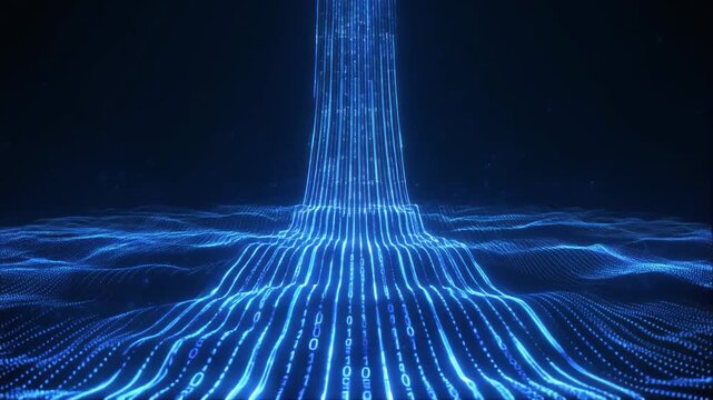 Blue binary data waves traveling upward glowing light paths seamless futuristic cinematic surreal ethereal ambience cascading softly glowing abstract unique style ultra realistic loop