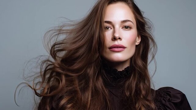 Close-up beauty portrait of a beautiful brunette woman with luxurious chestnut hair styled in soft, effortless waves on a neutral studio background.