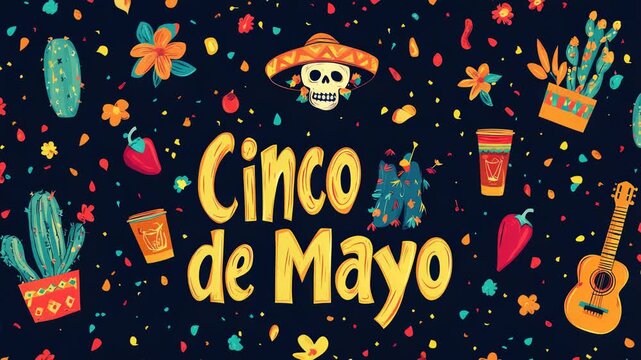 Cinco de Mayo celebration in Mexico with traditional symbols on a black background. Template with pinata, food, sombrero, tequila, cactus, flag, guitar, flowers, skull, and red pepper. Invitation