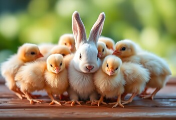 A Rabbit surrounded by baby chickens