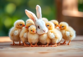 A Rabbit surrounded by baby chickens
