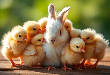 A Rabbit surrounded by baby chickens